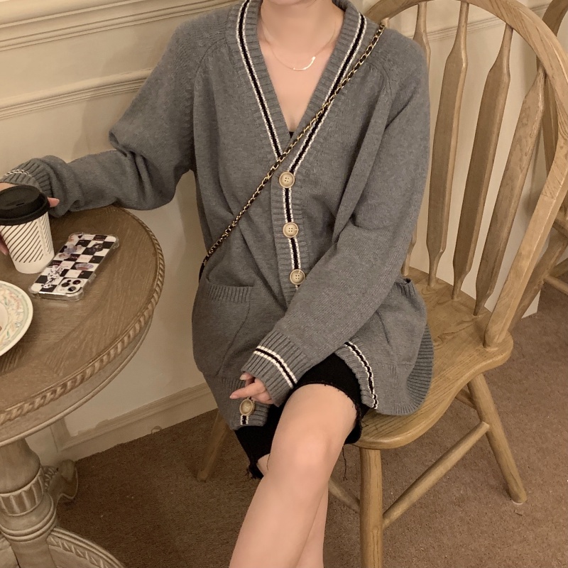 Long-sleeved sweater, knitted jacket, Korean style loose V-neck