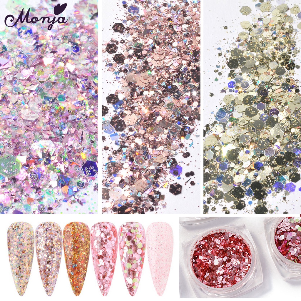 Hộp 6 ngăn đựng phụ kiện trang trí móng tay Monja nghệ thuật kim tuyến lấp lánh cực quang laze cho salon / nhà ở DIY