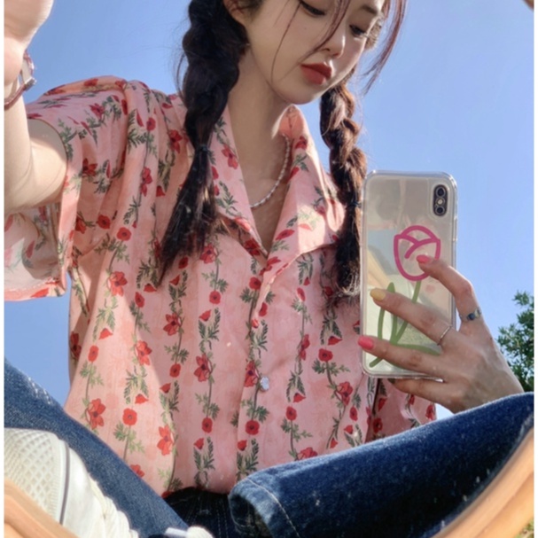 【ZHELIHANGFEI】Áo Sơ Mi Hoa Dài Tay Lưng Cao Xinh Xắn Dễ Phối Đồ