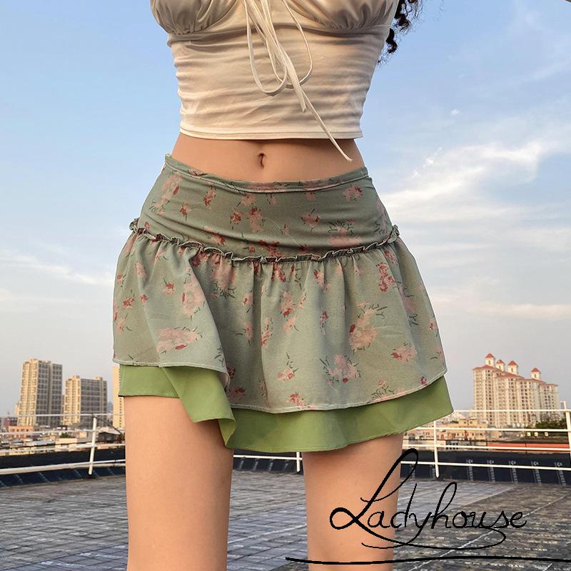 Chân váy ngắn hai lớp in họa tiết hoa phong cách mùa thu hè trẻ trung cho nữ