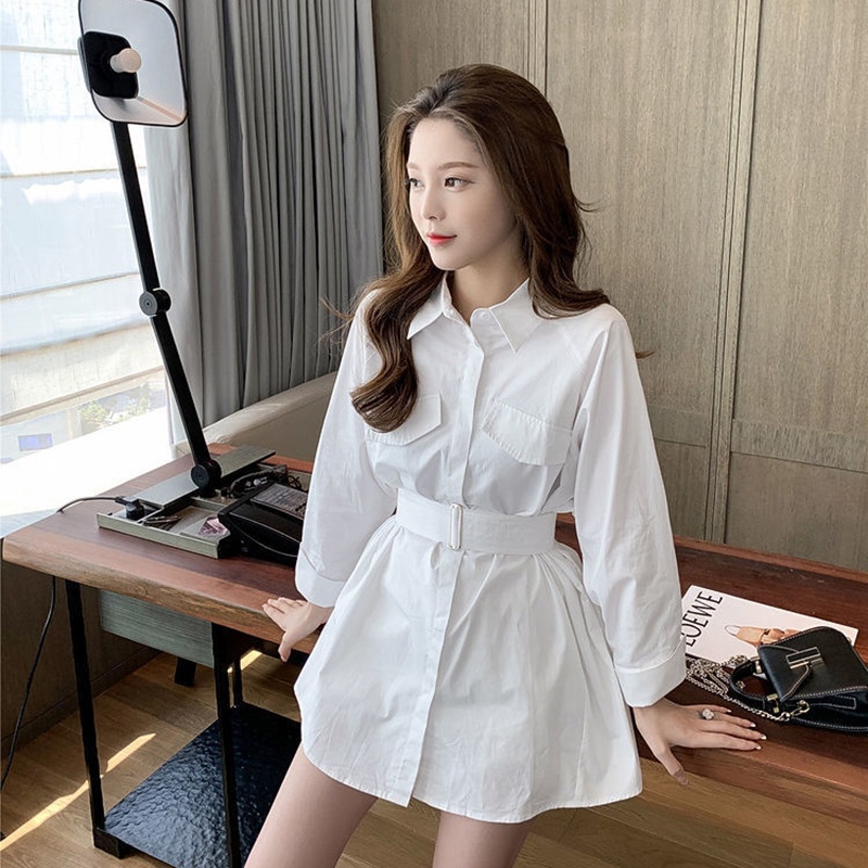 Đầm IELGY cổ polo thắt eo phong cách Hàn Quốc cho nữ