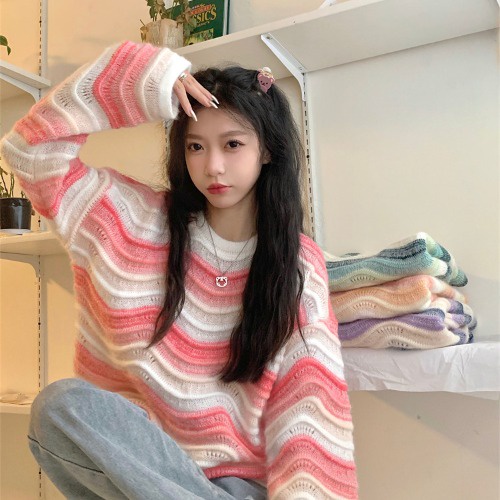 Áo len ZHELIHANGFEI tay dài dáng rộng họa tiết kẻ sọc màu cầu vồng dễ phối đồ
