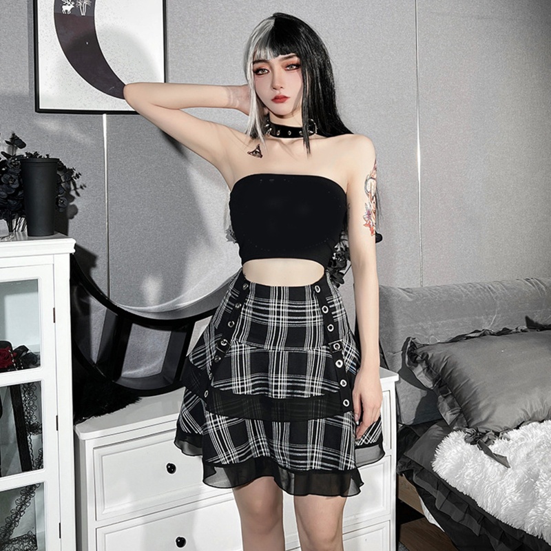 Brroa Goth Chân Váy Ngắn Lưng Cao Xếp Ly Cài Khuy Phối Ren Kẻ Sọc Caro Phong Cách Punk Goth Cho Nữ