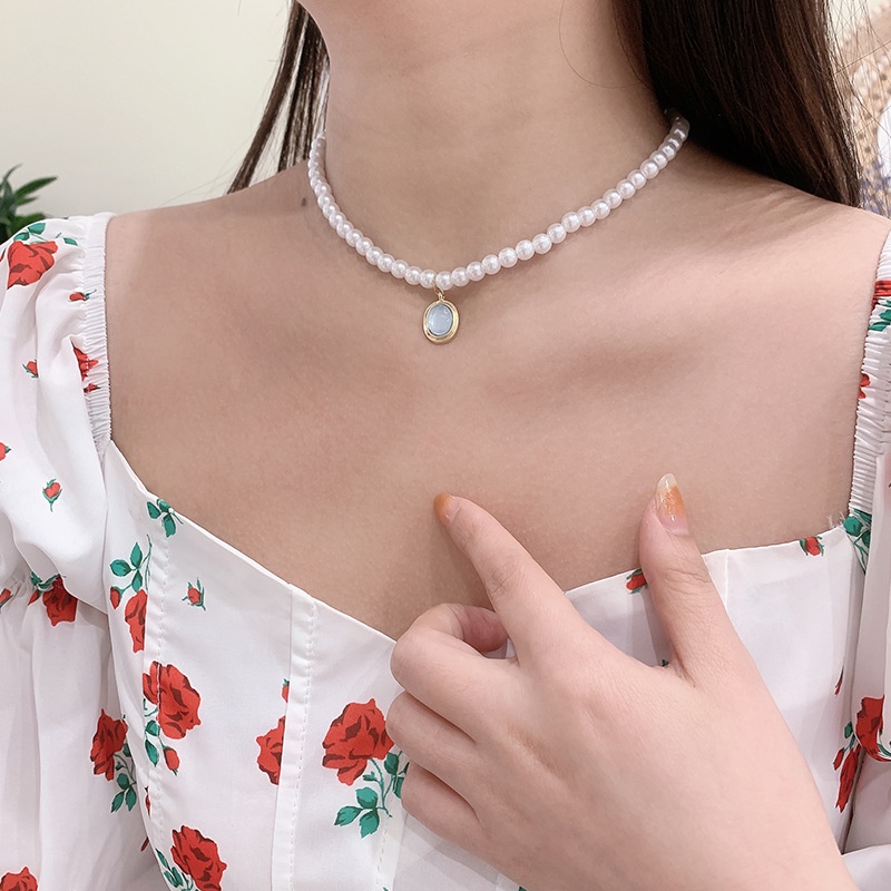 Vòng cổ ngọc trai thời trang nữ phiên bản Hàn Quốc Vòng cổ mặt dây chuyền đá quý màu xanh cao cấp