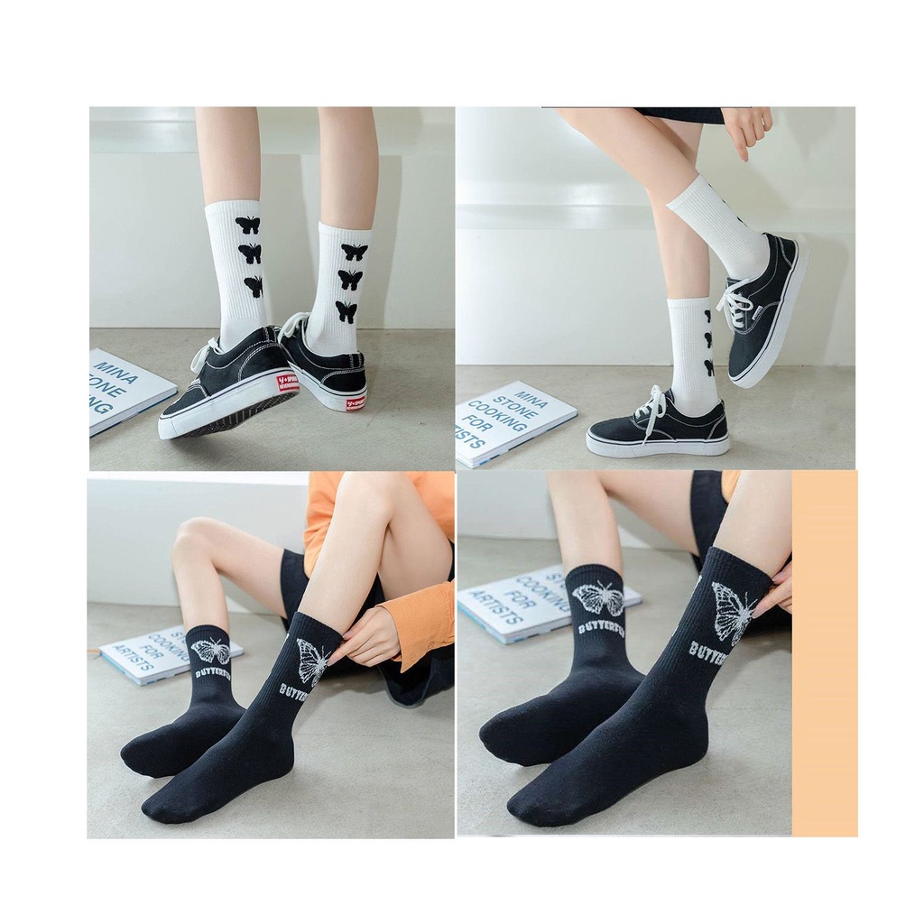 Vớ màu trắng/đen in họa tiết bướm phong cách hip hop thời trang dành cho bạn nữ