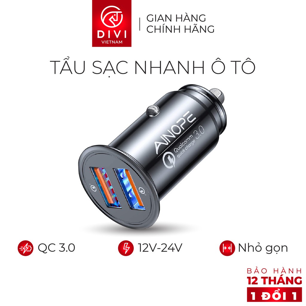 Tẩu sạc nhanh ô tô DIVI AV829 - Sạc nhanh QC 3.0 - 2 cổng USB - Hàng phân phối chính hãng - Bảo hành 12 tháng 1 đổi 1