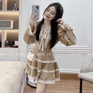 Set áo chân váy nâu tây phối ren cao cấp