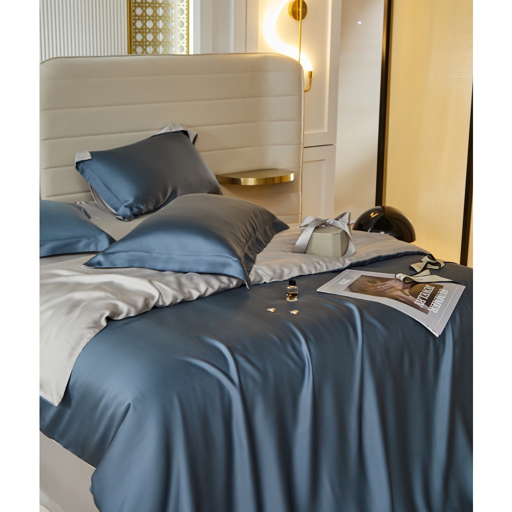 Bộ chăn ga gối trơn phối 2 màu, 100%Tencel 60s 5 món, Chất liêu siêu mềm mát,  Các màu hot nhất 2023SS