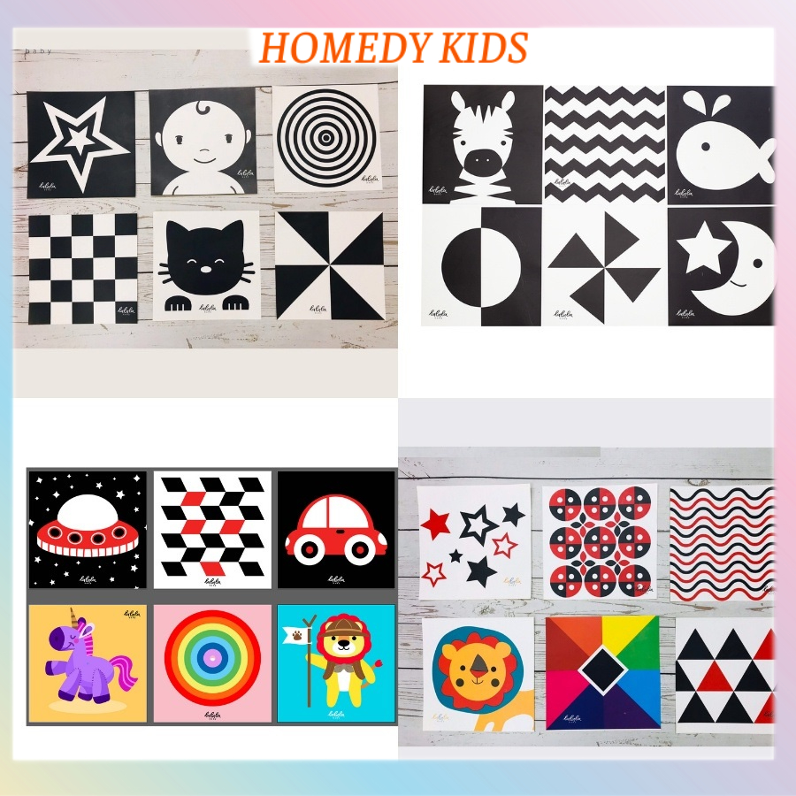 Bộ 6 thẻ đen trắng và sắc màu dán tường kích thích thị giác cho bé sơ sinh giúp bé phát triển toàn diện Homedy Kids