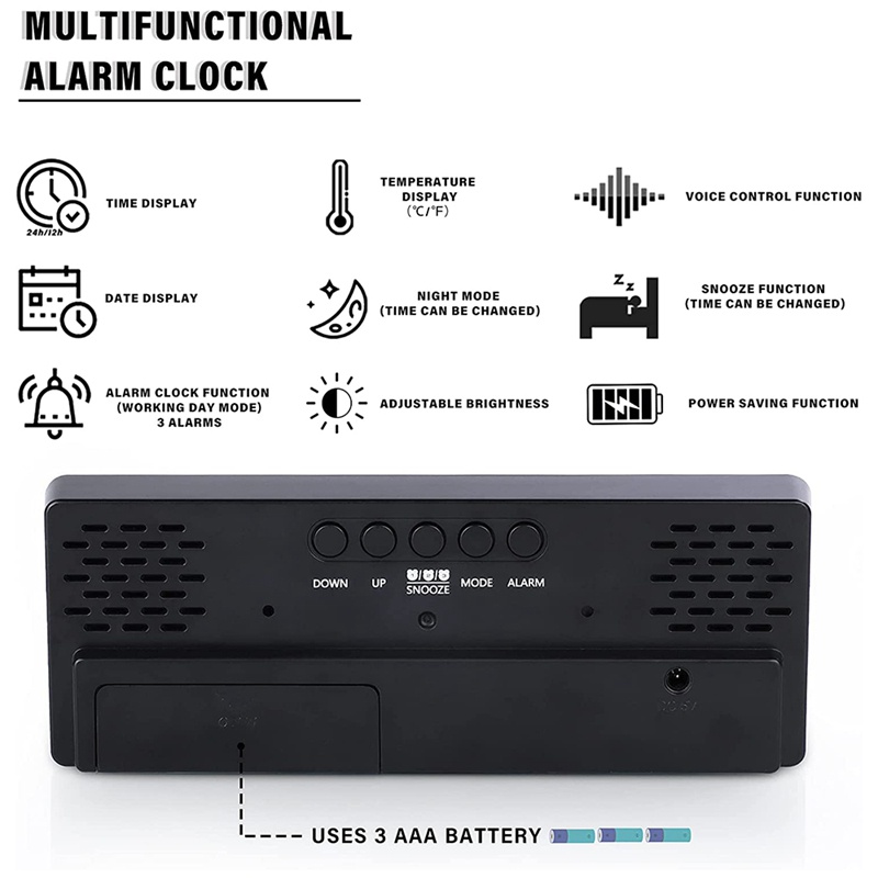 Đồng Hồ Báo Thức Kỹ Thuật Số Màu Đen Có Đèn LED Hiển Thị Nhiệt Độ