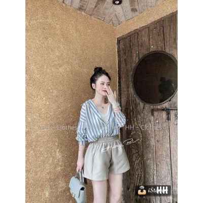 Áo sơ mi kẻ sọc xanh dài tay unisex