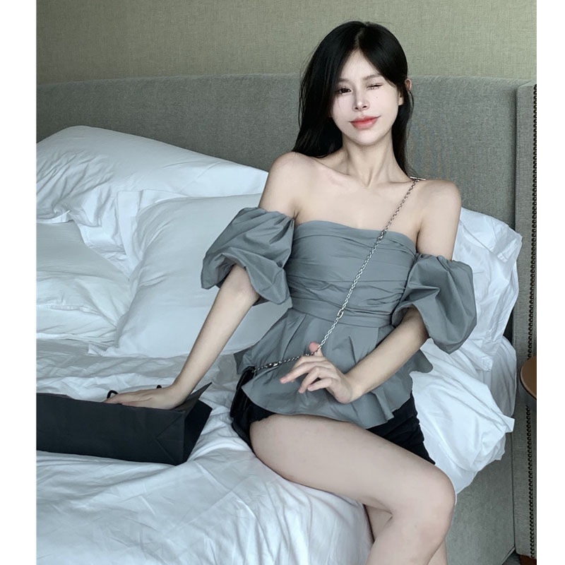 Áo Sơ Mi Ngắn Tay Lệch Vai Màu Xám Phong Cách Pháp Thời Trang Mùa Hè Quyến Rũ Cho Nữ