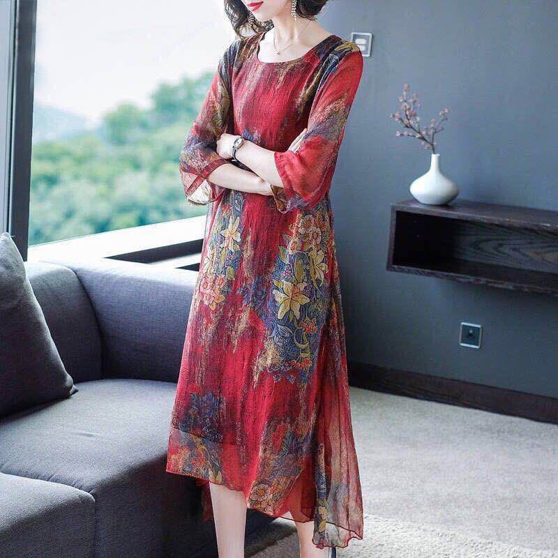 GC✖✆☽Middle aged fashion○Váy liền dạ dày tôn dáng mẫu mới mùa hè 2021 cho phụ nữ trung niên Hoa Voan rộng Size L