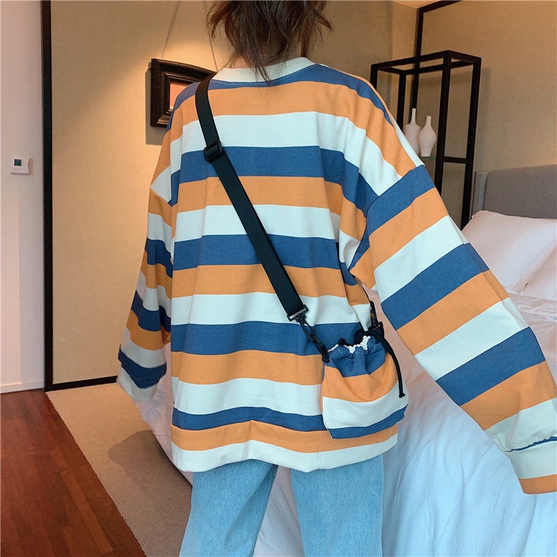 Áo Sweater Tay Dài Đệm Nhung Dày Dáng Rộng Họa Tiết Kẻ Sọc Phong Cách Hàn Quốc Thời Trang Mùa Đông Cho Nữ