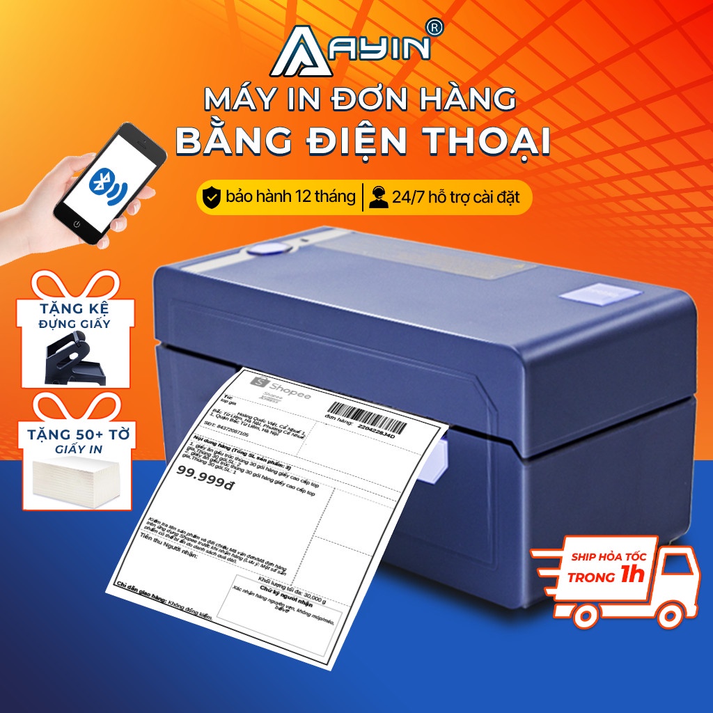 Máy in nhiệt Bluetooth,hoá đơn tem mã vạch AYIN-426BT