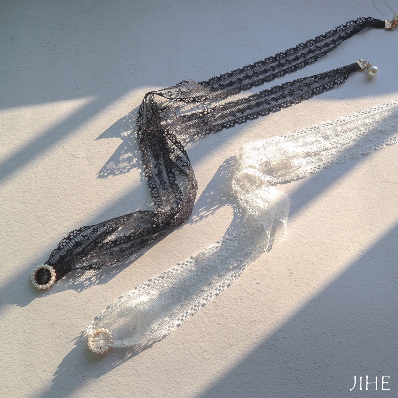 Vòng Cổ Choker Dây Dài Thắt Nơ Ren Đính Ngọc Trai Phong Cách Nhật Hàn Thời Trang