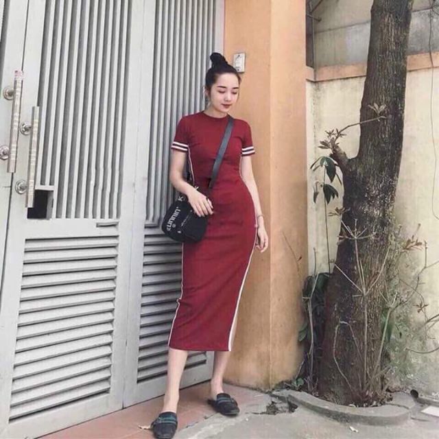 💥Đầm Ôm Body Viền Sọc Thể Thao Xẻ Tà💥