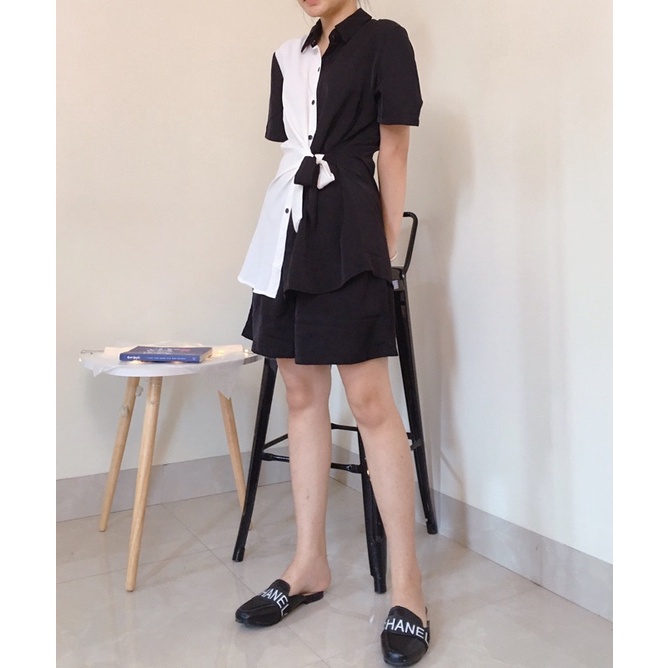 Set Bộ Quần Áo Nữ Áo Kèm Đai Nơ Đen Trắng Quần Đùi Váy Ống Rộng Chất Siêu Mát