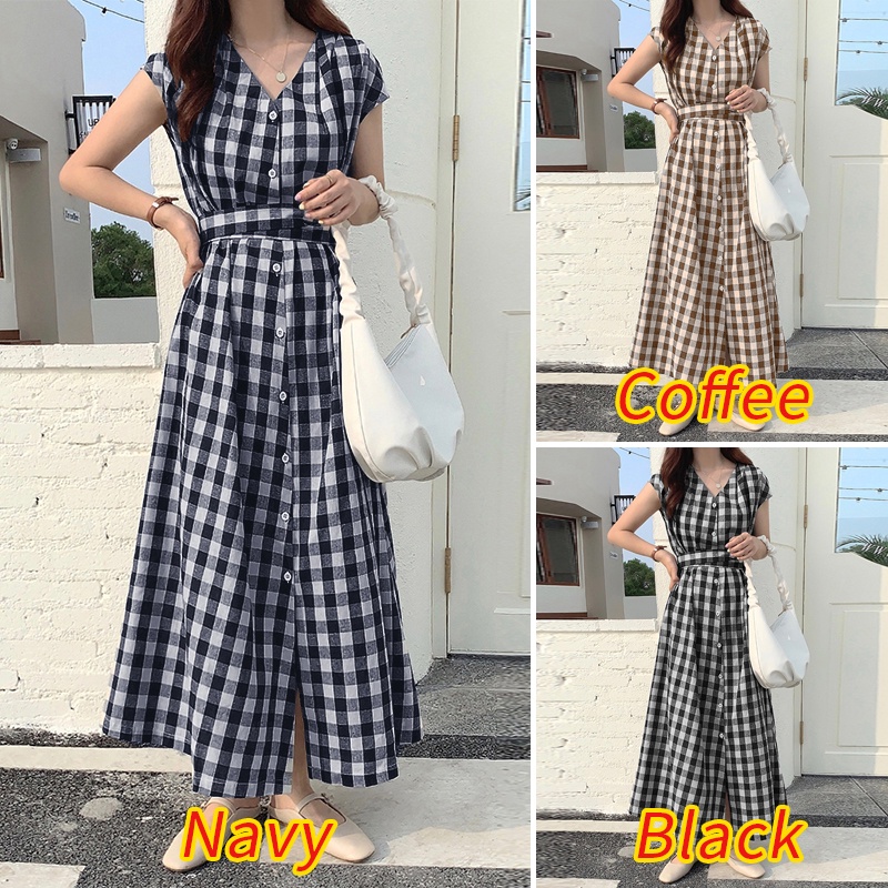 Đầm maxi Zanzea ngắn tay cổ chữ V họa tiết ca rô phong cách Hàn Quốc thời trang cho nữ