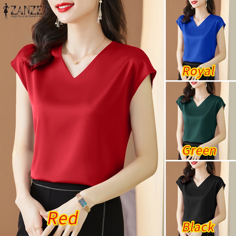Áo satin Zanzea ngắn tay cổ chữ V thời trang dành cho nữ