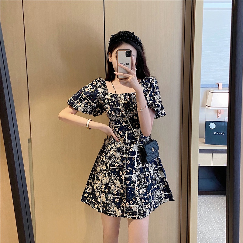 Đầm Hoa Dáng Chữ A Tay Phồng Cổ Vuông Thời Trang Mùa Hè Xinh Xắn Cho Nữ
