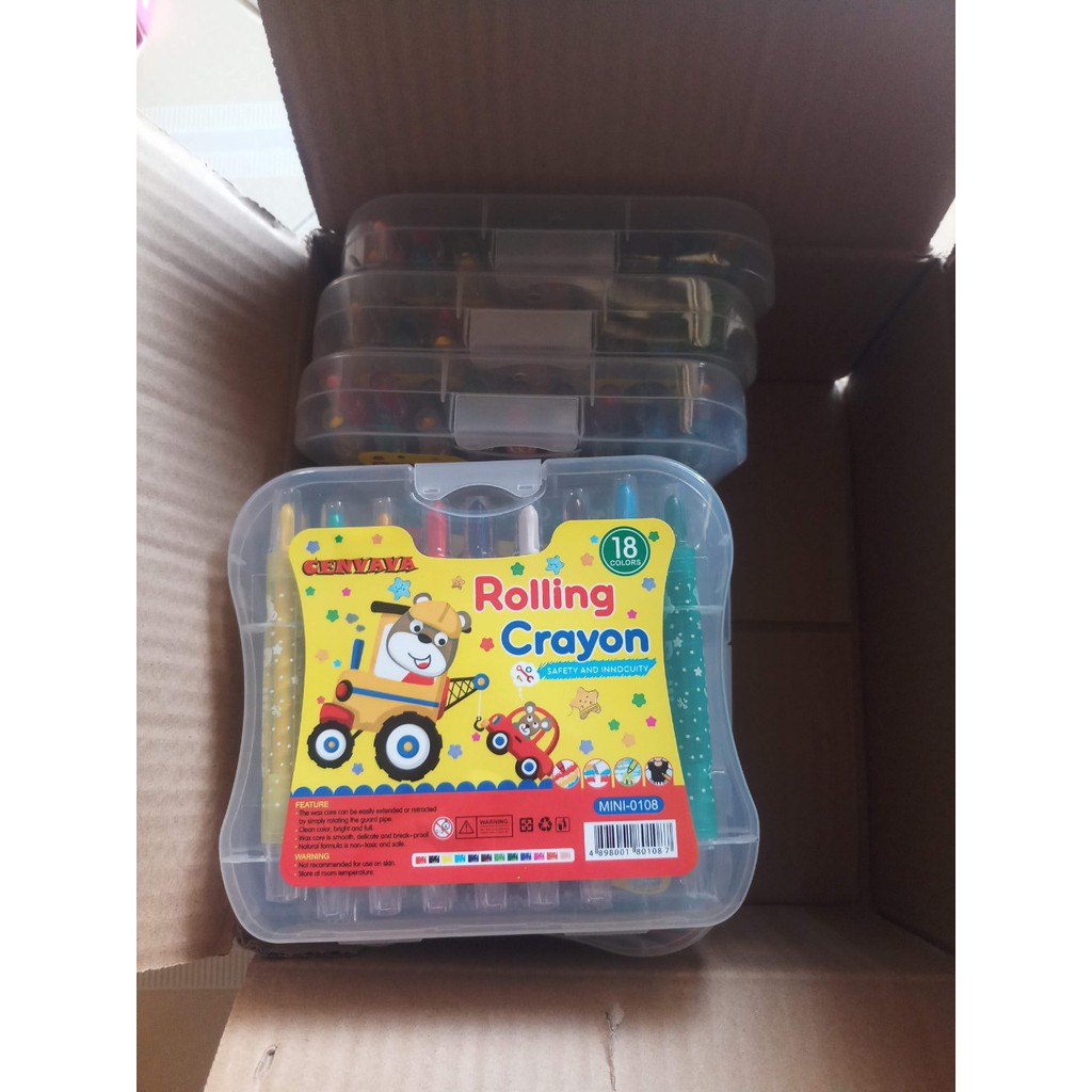 Sáp vặn 24, 18, 12 màu ngắn ROLLING CRAYON hộp nhựa, màu sắc tươi sáng
