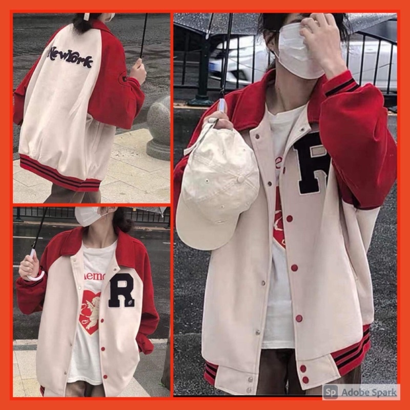 Áo khoác Bomber tay đỏ  form rộng nam nữ - Hình thêu (Form rộng)-Áo khoác nam nữ from rộng unisex