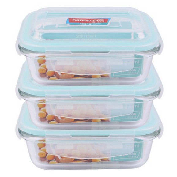 S13 FKC Bộ 3 Hộp Thủy Tinh Happy Cook Chữ Nhật 370ml Kèm Túi Giữ Nhiệt Glass HCG-03R 52 S13