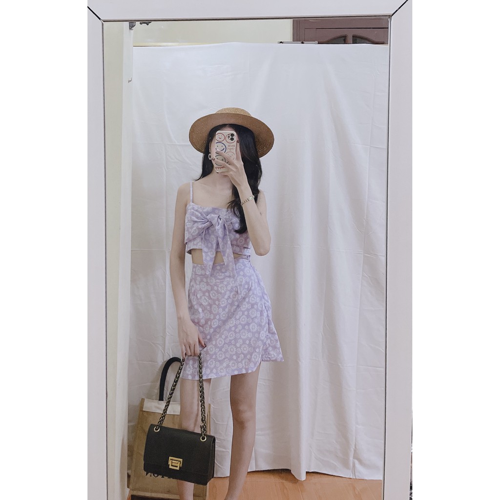 (Ảnh thật) Set Áo Croptop, Chân Váy Chữ A Hoa Nhí Màu Tím
