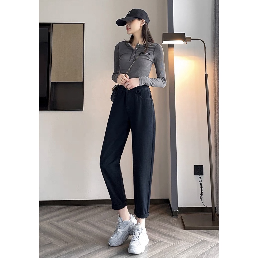 Quần Baggy Jean Nữ Trơn Basic Chất Bò Dày Dặn 2 màu Đen và Xanh Dễ Mặc Dễ Phối