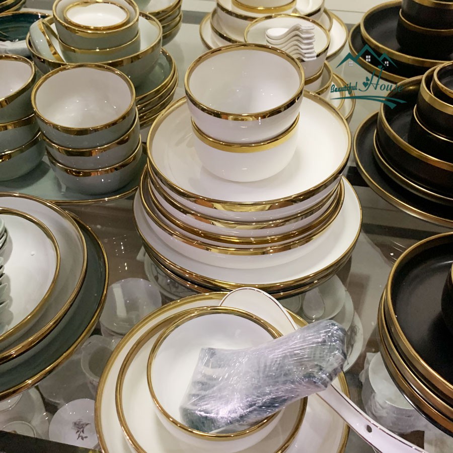 [LẺ] Set Bát Đĩa Đẹp - Đồ Dùng Phòng Ăn Sứ Trắng Viền Vàng Chất Lượng Cao - Lẻ Chi Tiết