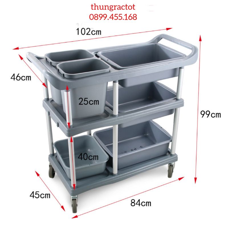 Xe Đẩy Thu Gom Chén  Dĩa , Xe Đẩy Thu Gom Thức Ăn Thừa 3 Tầng Khung Nhôm Thau Nhựa