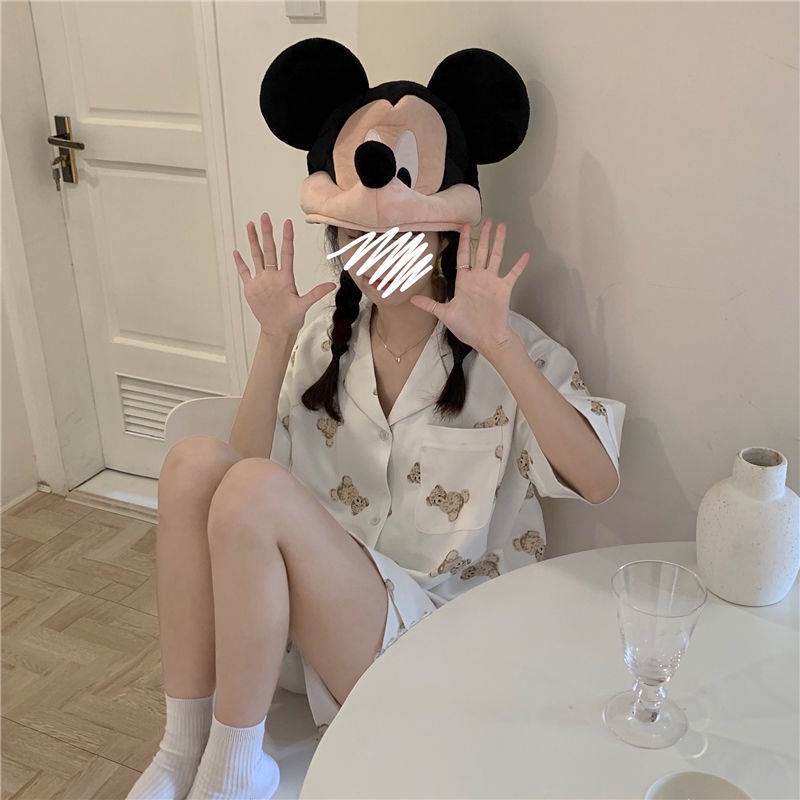 Bộ Đồ Ngủ Tay Ngắn Dáng Rộng In Hình Gấu Dễ Thương Phong Cách Nhật Bản Cho Nữ