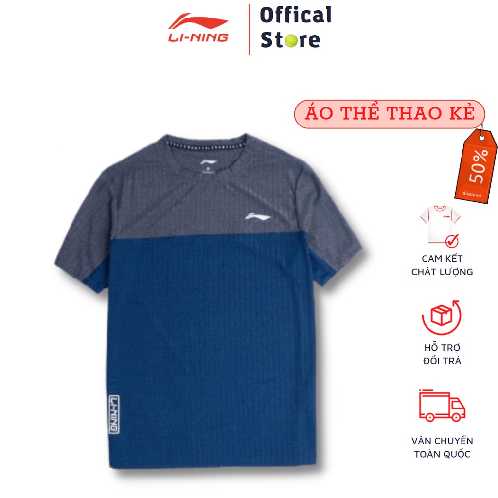 Áo thể thao nam Lining kẻ xanh xám 🔥 GIÁ TỐT 🔥 Áo thun nam Lining cổ tròn chất liệu cao cấp thấm hút mồ hôi tốt