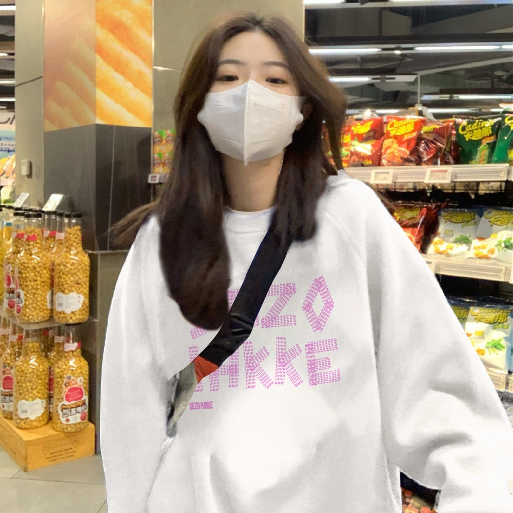Áo hoodie Ihkke cổ tròn dáng rộng in chữ thời trang Hàn Quốc
