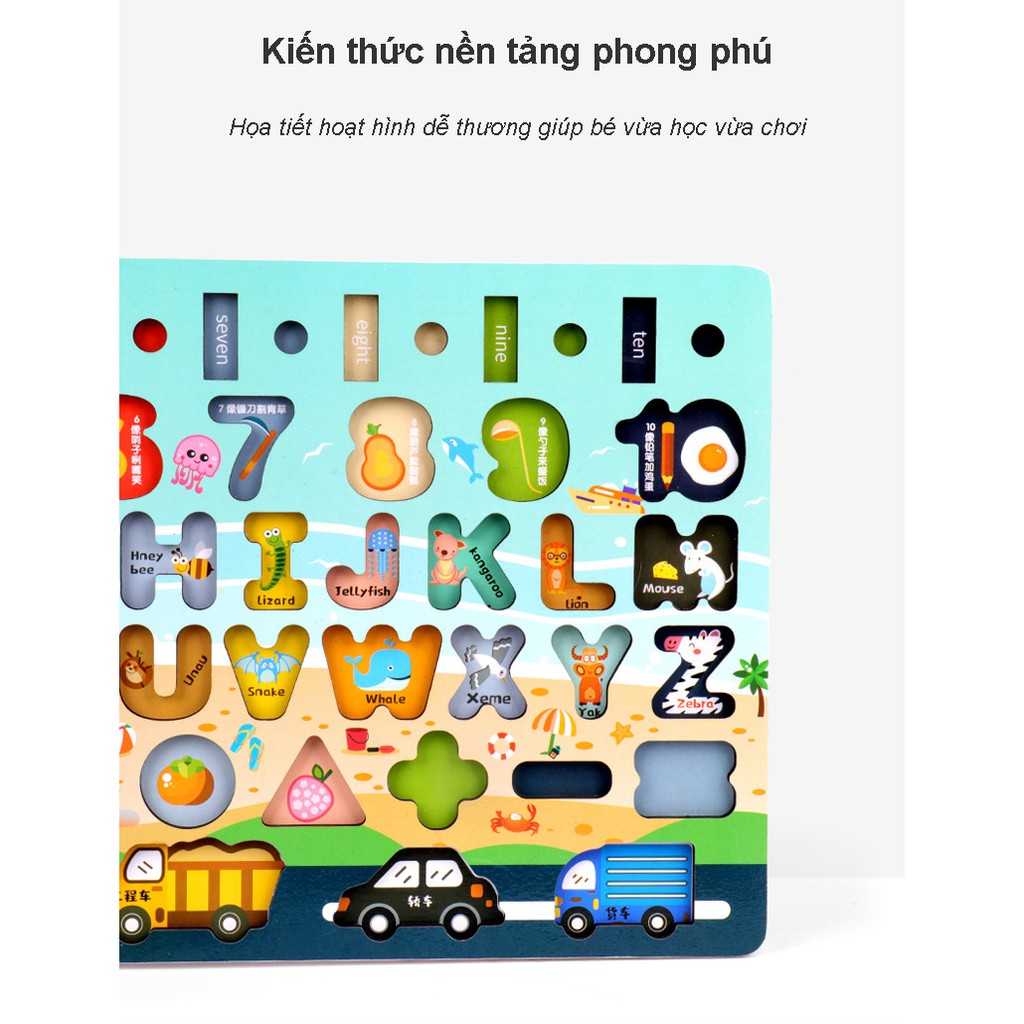 Đồ Chơi Gỗ Đa Năng  6IN1, Bảng Gỗ Ghép Hình Câu Cá, Bảng Gỗ Xếp Hình Đa Năng Học Chữ Làm Toán Cho Bé