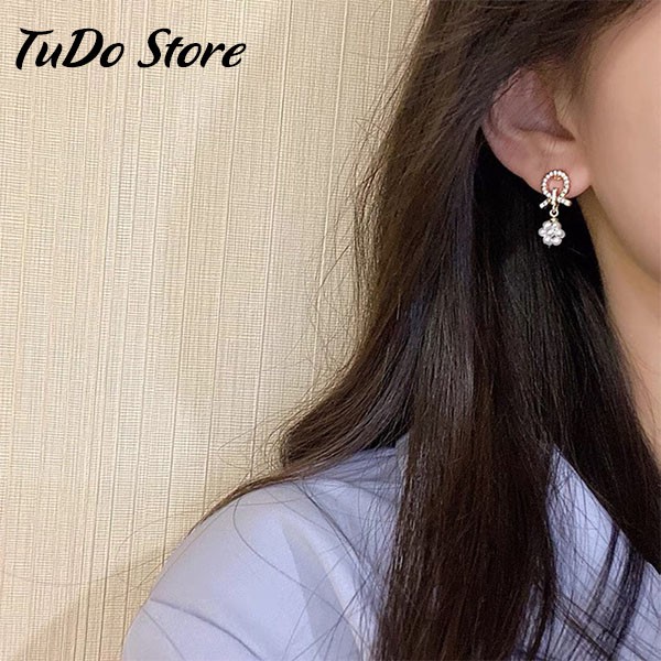 Khuyên tai, bông tai nữ Hàn quốc mạ bạc 925 vòng tròn đính đá siêu xinh HT16