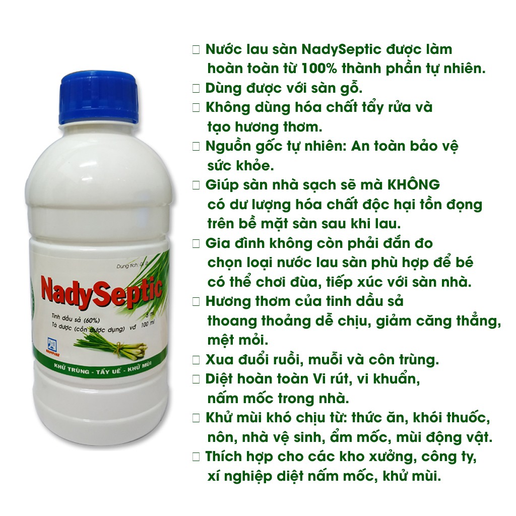 Nước lau sàn nhà Nady Septic hương sả, nước lau sàn diệt khuẩn, nấm mốc chai 1L