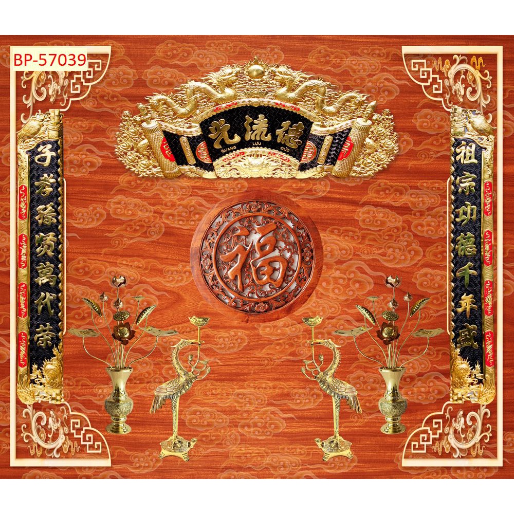 Tranh Dán tường 3d Phòng thờ, bàn thờ hình phật tổ, bình phong, núi non