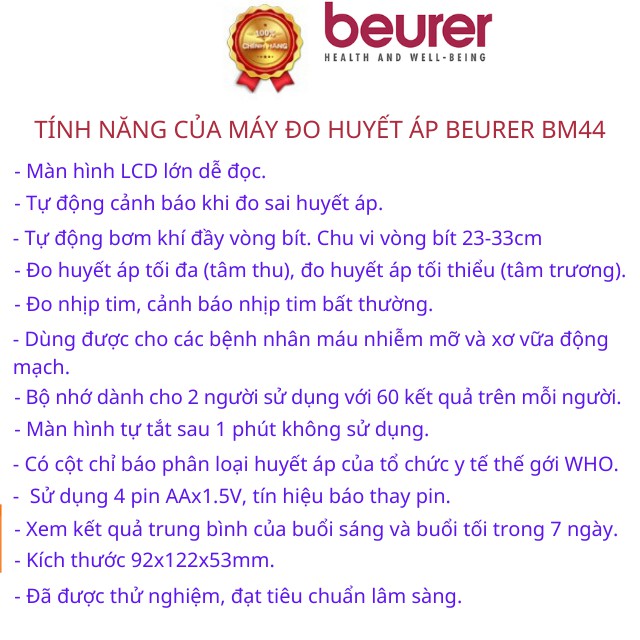 Máy đo huyết áp bắp tay Beurer BM44,nhập khẩu đức, sạc pin, lưu kết quả theo ngày giờ, tự động bơm vòng bít