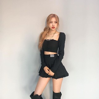 [FREESHIP]Sét Áo Cổ Vuông Tay Dài + Chân Váy Xếp Ly Hách Dáng Siêu Đỉnh Giống Rose-BlackPink Cho Nữ