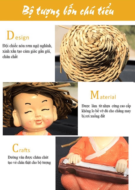 [SALE 10%] Bộ tượng 4 chú tiểu đội nón tứ nghệ Cầm - Kì - Thi - Họa | BigBuy360 - bigbuy360.vn