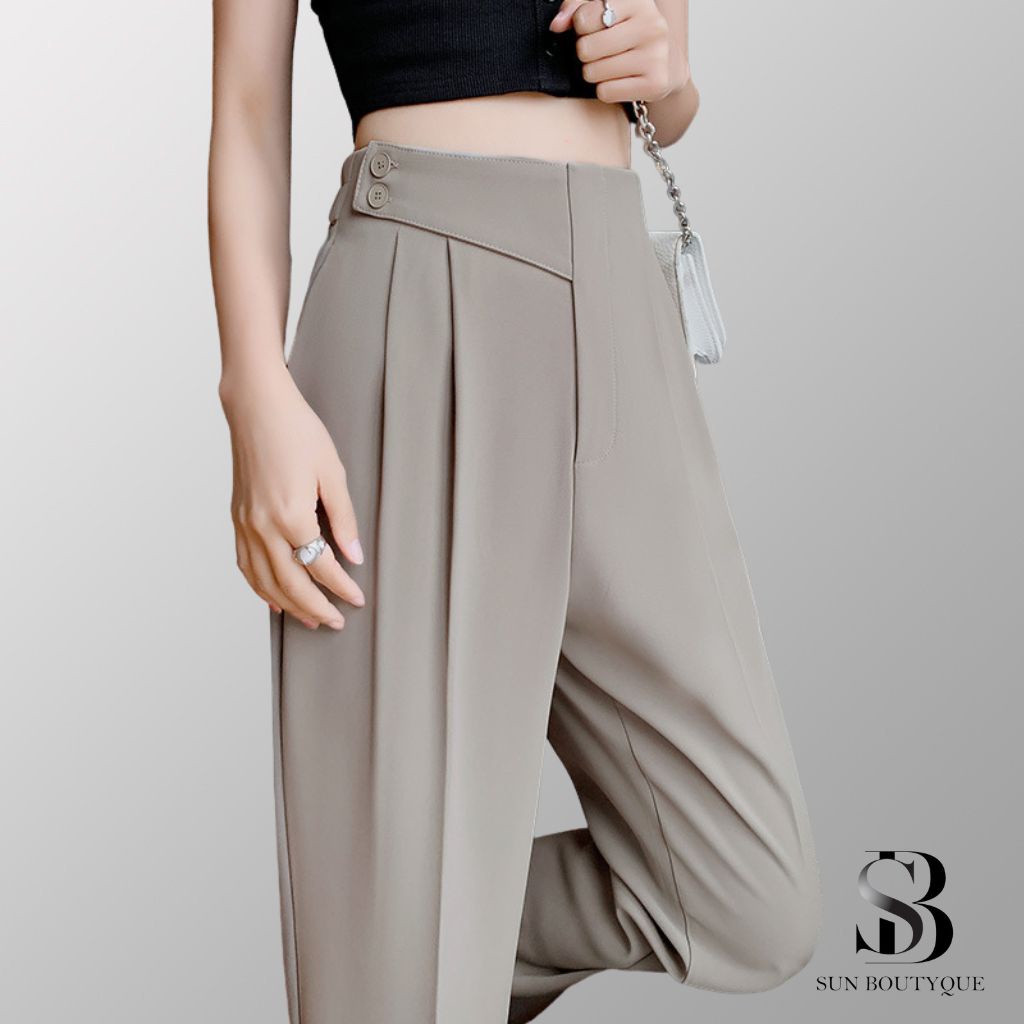 Quần baggy nữ SUNBOUTYQUE Quần tây công sở nữ dài 2 khuy bấm mặc đi làm học cạp lưng cao - Dáng baggy màu đen-nâu-xám