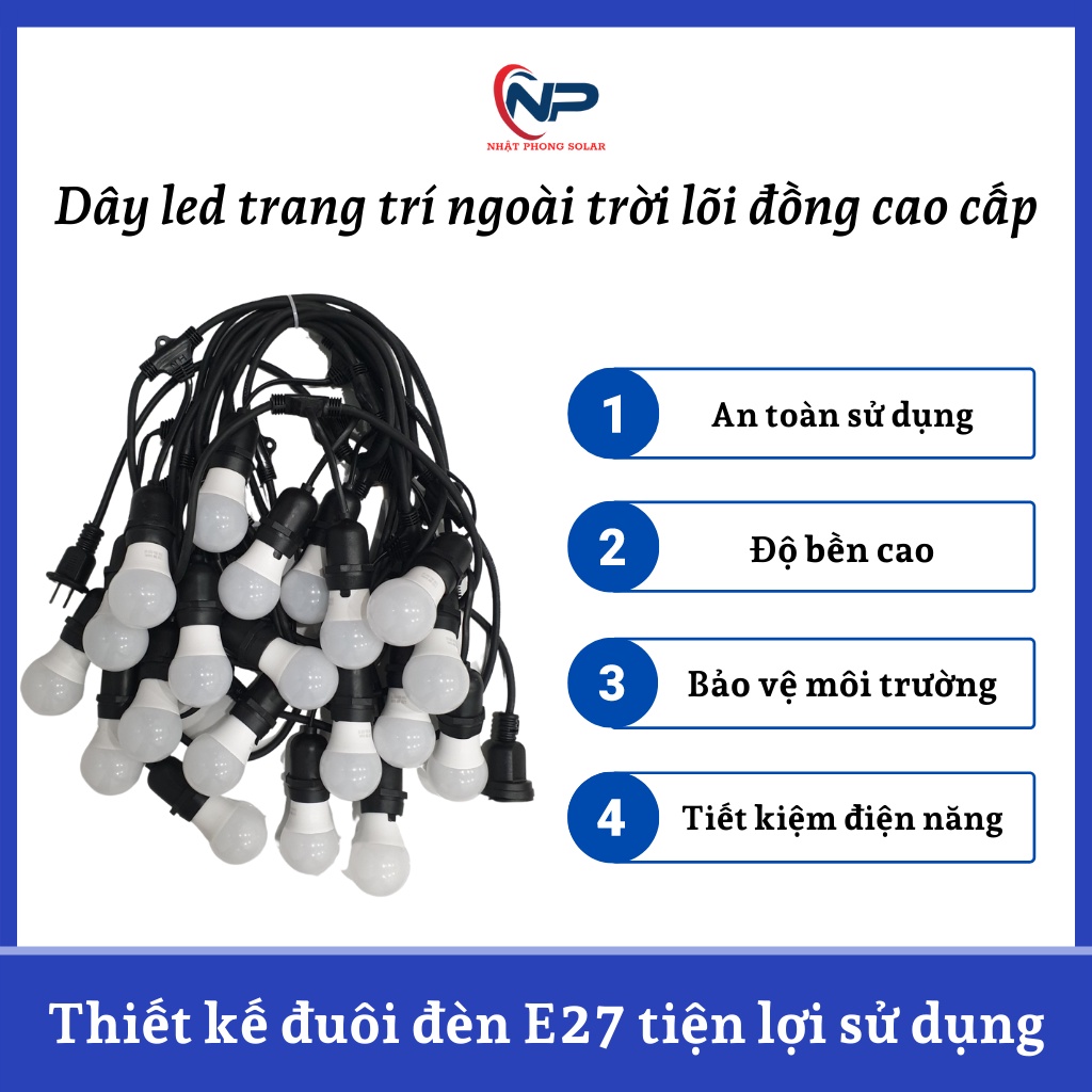 Dây đèn trang trí ngoài trời,đèn led trang trí 5.5m 10đuôi, 7.5m 15đuôi,10.5m 20đuôi, chống nước, lõi đồng cao cấp