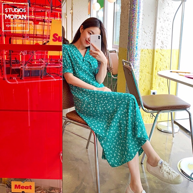 Váy moran hoa nhí xanh dáng dài ngắn tay