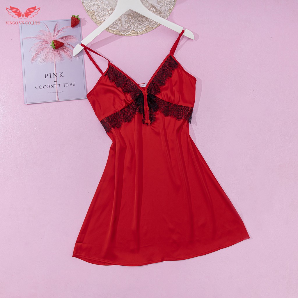VINGO Váy Ngủ Nữ Lụa Pháp Đỏ Đậm Phối Viền Ren Đen Đính Nơ Đen Trẻ Trung Cao Cấp N269DD VNGO | BigBuy360 - bigbuy360.vn