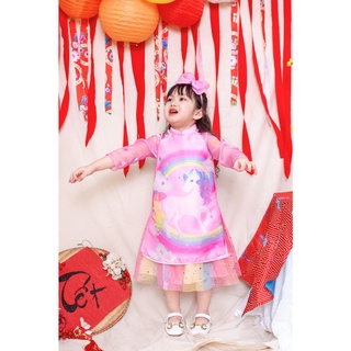 [8-35KG] Áo dài bé gái họa tiết thiên kỳ lân kèm váy và nơ tiểu thư