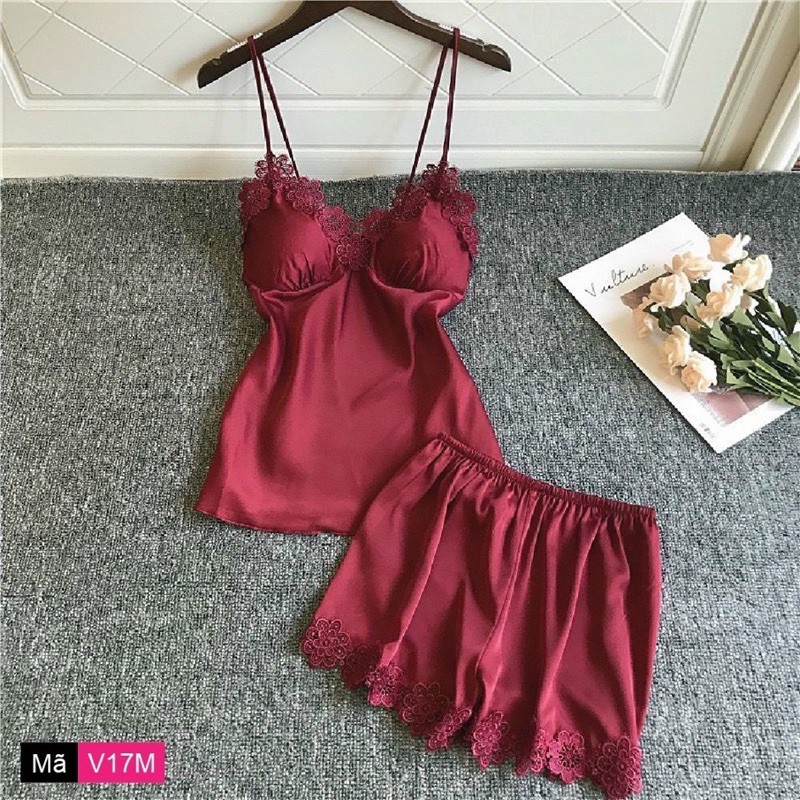 Bộ ngủ lụa satin 2 dây phối viền ren kèm mút ngực quyến rũ