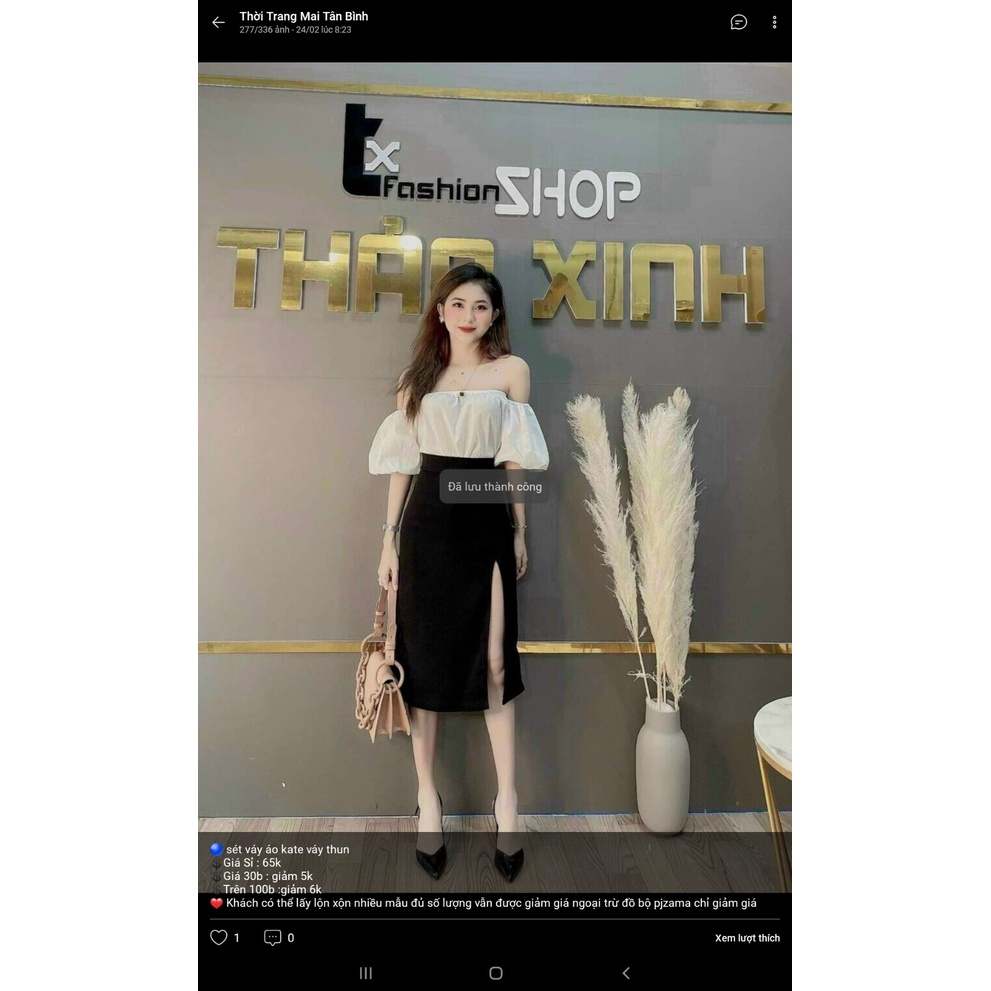 Set áo trắng trễ vai mix chân váy đen xẻ tà, set váy tay phồng tiểu thư màu đen trắng cho nàng công sở trẻ trung