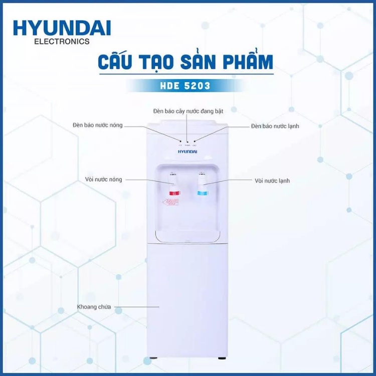 Cây nước nóng lạnh Hyundai HDE 5203, Dung tích nước nóng 5L, Công nghệ Hàn Quốc, Bảo hành 12 tháng, Đổi mới trong 7 ngày